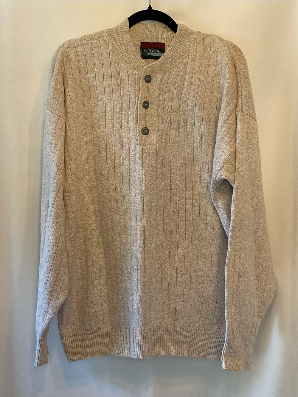 Men's Vintage Lakeland Beige Henley Cable Knit Sweater LG Fisherman Oatmeal